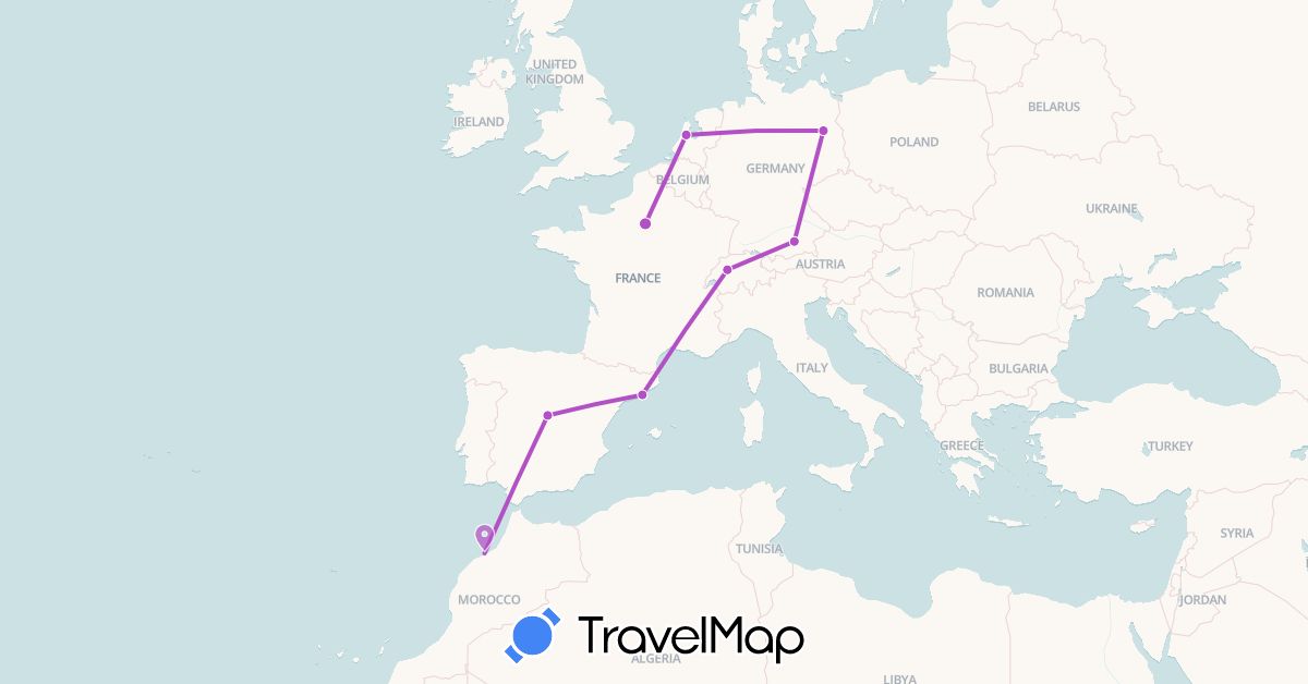 TravelMap itinerary: driving, train in Switzerland, Germany, Spain, France, Morocco, Netherlands (Africa, Europe)
